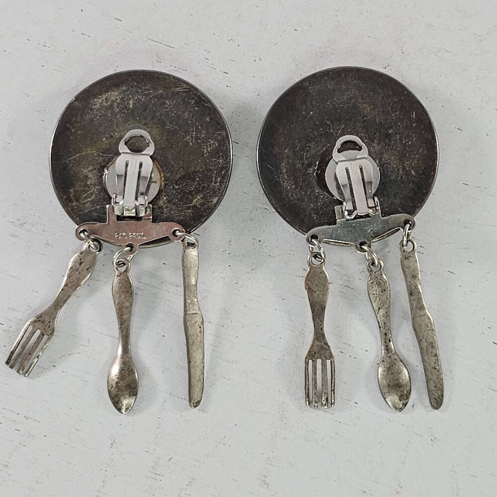 Vintage Clip On Earrings With Dangling Utensils Fork Spoo Knife Charms - Picture 5 of 8